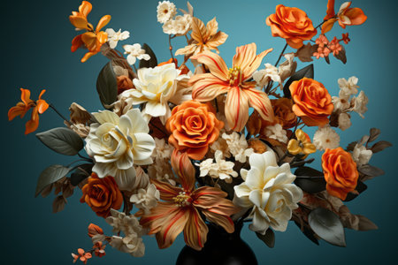 a bouquet of orange and white flowers in a black vaseの素材