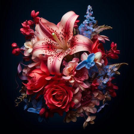 a bouquet of red and blue flowers on a black backgroundの素材