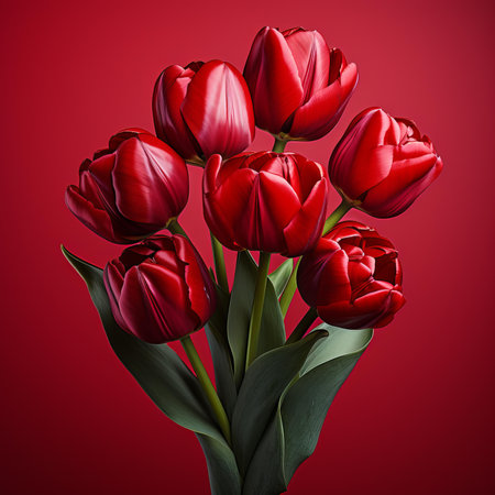 a bouquet of red tulips on a red backgroundの素材
