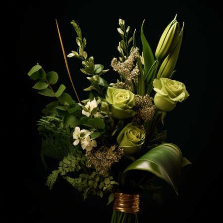a bouquet of green and white flowers on a black backgroundの素材