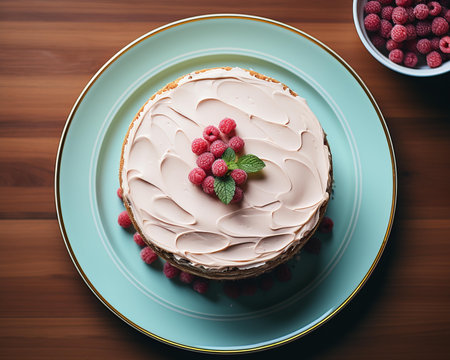 a cake with frosting and raspberries on a plateの素材