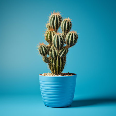 a cactus plant in a blue pot on a blue backgroundの素材