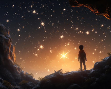 a boy standing in front of a cave with stars above himの素材