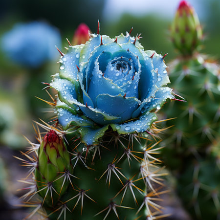 a cactus plant with a blue rose on itの素材
