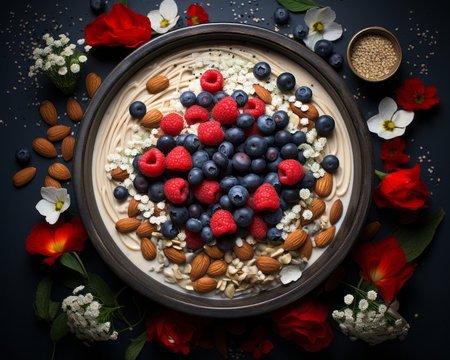 a bowl of oatmeal topped with berries and almondsの素材