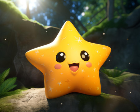 a cartoon star sitting on a rock in the forestの素材