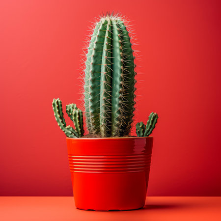 a cactus plant in a red pot on a red backgroundの素材