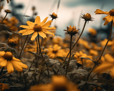a field of yellow flowers in front of a cloudy skyの素材