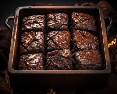 a pan full of brownies sitting on a wooden tableの素材