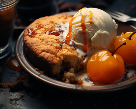 a dessert with ice cream and cherries on a plateの素材