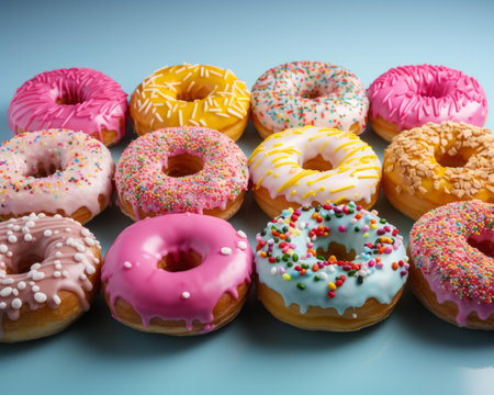 a group of donuts with colorful frosting and sprinklesの素材