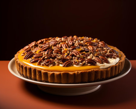 a pie topped with pecans on a white plateの素材