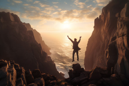a man standing on the edge of a cliff with his arms outstretchedの素材