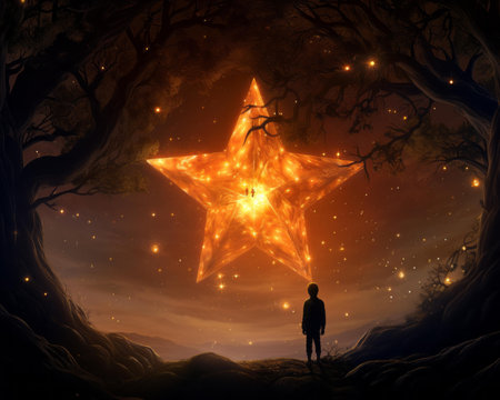 a man standing in front of a star in the woodsの素材