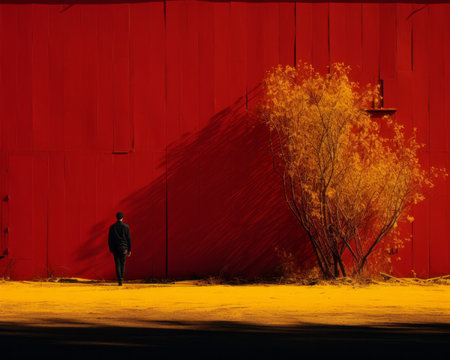 a man standing in front of a red wall with a tree in the backgroundの素材