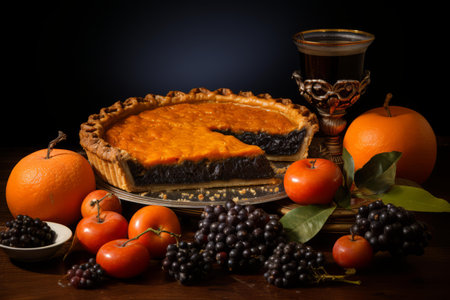 a pie with fruit and a glass of wine on a tableの素材