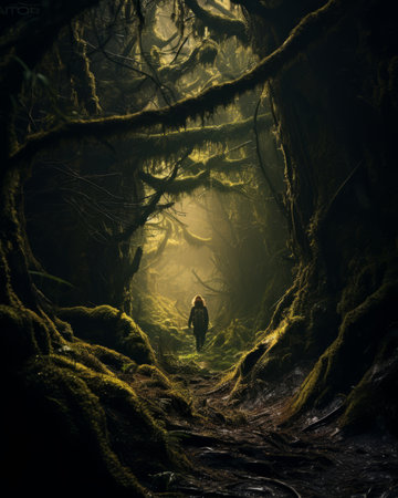 a person walking through a dark forest with mossy treesの素材