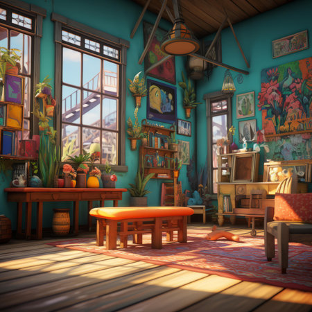 a living room with lots of art on the wallsの素材