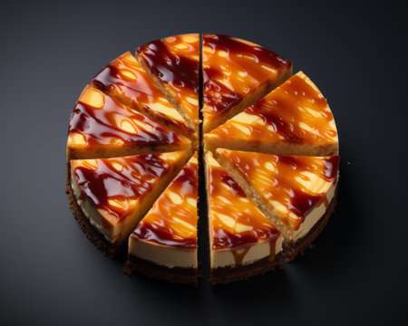 a cheesecake with caramel sauce on topの素材