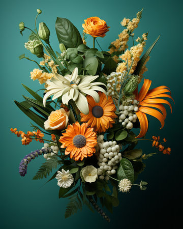 a bouquet of flowers on a green backgroundの素材