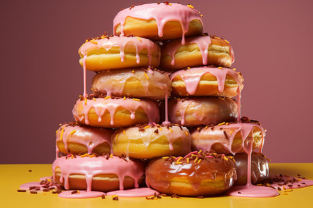 a pile of donuts with pink frosting on topの素材