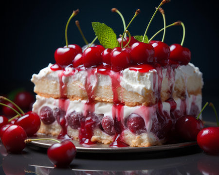 a piece of cake topped with whipped cream and cherriesの素材