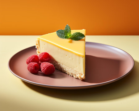a piece of cheesecake on a plate with raspberriesの素材