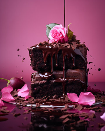 a piece of chocolate cake with a pink rose on topの素材