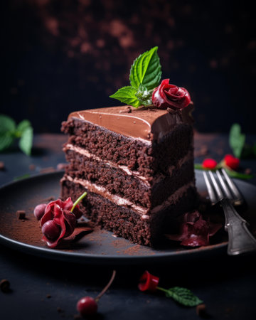 a piece of chocolate cake on a black plateの素材