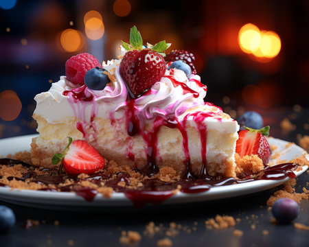 a piece of cheesecake on a plate with berries and whipped creamの素材