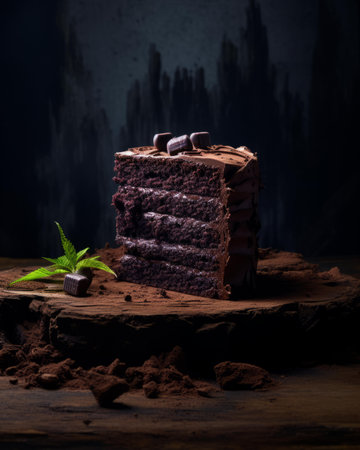 a piece of chocolate cake sitting on top of a wooden tableの素材