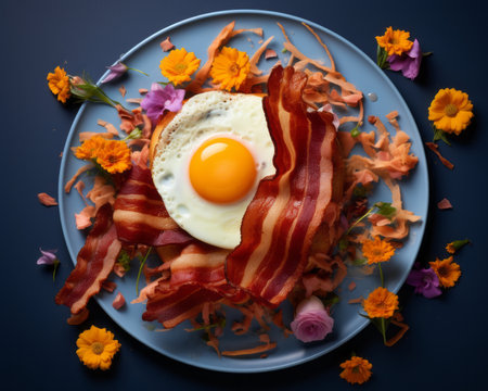 a plate with an egg bacon and flowers on itの素材