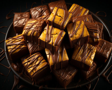 a plate full of brownies with chocolate drizzleの素材