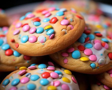 a pile of cookies with colorful sprinkles on topの素材