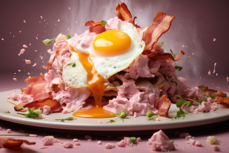 a plate of bacon and eggs with an egg on topの素材