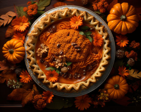 a pumpkin pie surrounded by pumpkins and flowersの素材