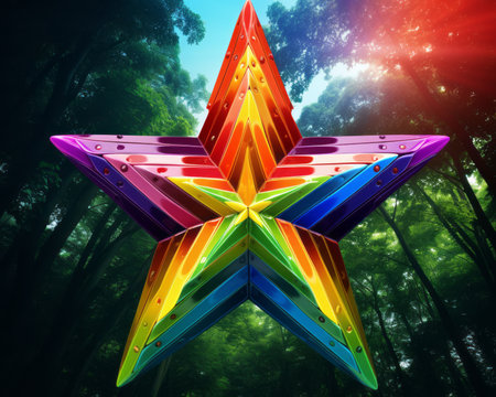 a rainbow colored star in the middle of a forestの素材