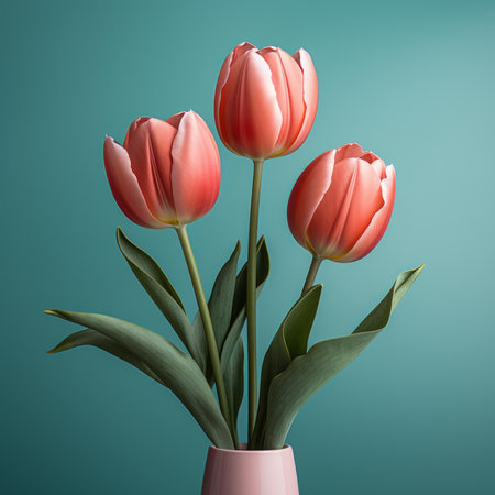 a pink vase with three tulips in itの素材