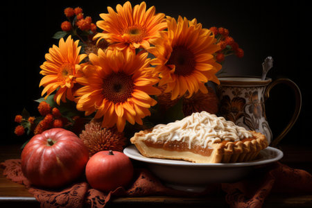 a plate with a pie and flowers next to a cup of coffee and a vase of sunflowersの素材