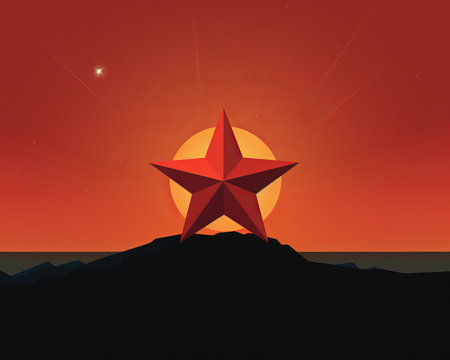 a red star on top of a mountain at sunsetの素材