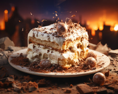 a piece of tiramisu on a plate with a fire in the backgroundの素材