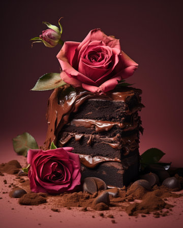a piece of chocolate cake with two roses on topの素材