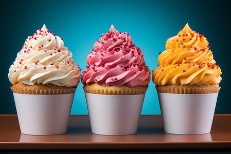 a row of three cupcakes with frosting and sprinklesの素材