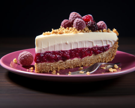 a slice of cheesecake on a pink plateの素材