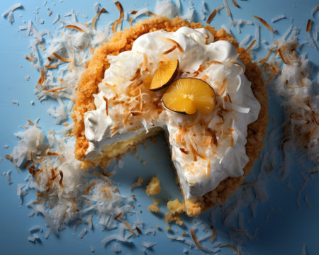 a slice of coconut cream pie on a blue backgroundの素材