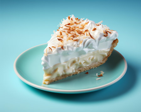 a slice of coconut cream pie on a blue plateの素材