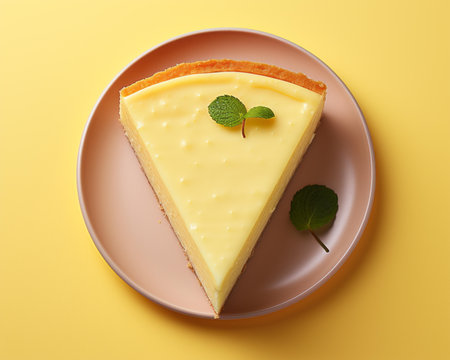a slice of lemon cheesecake on a plate on a yellow backgroundの素材