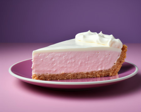 a slice of strawberry cheesecake on a pink plateの素材