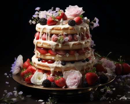 a stack of pancakes topped with berries and flowersの素材