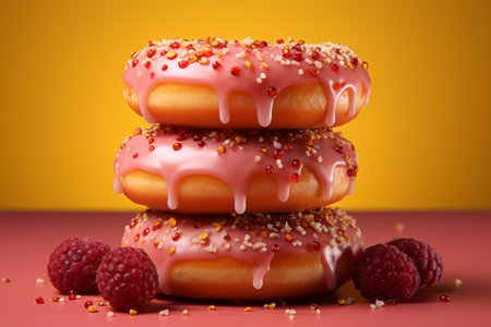 a stack of three donuts with raspberries on topの素材